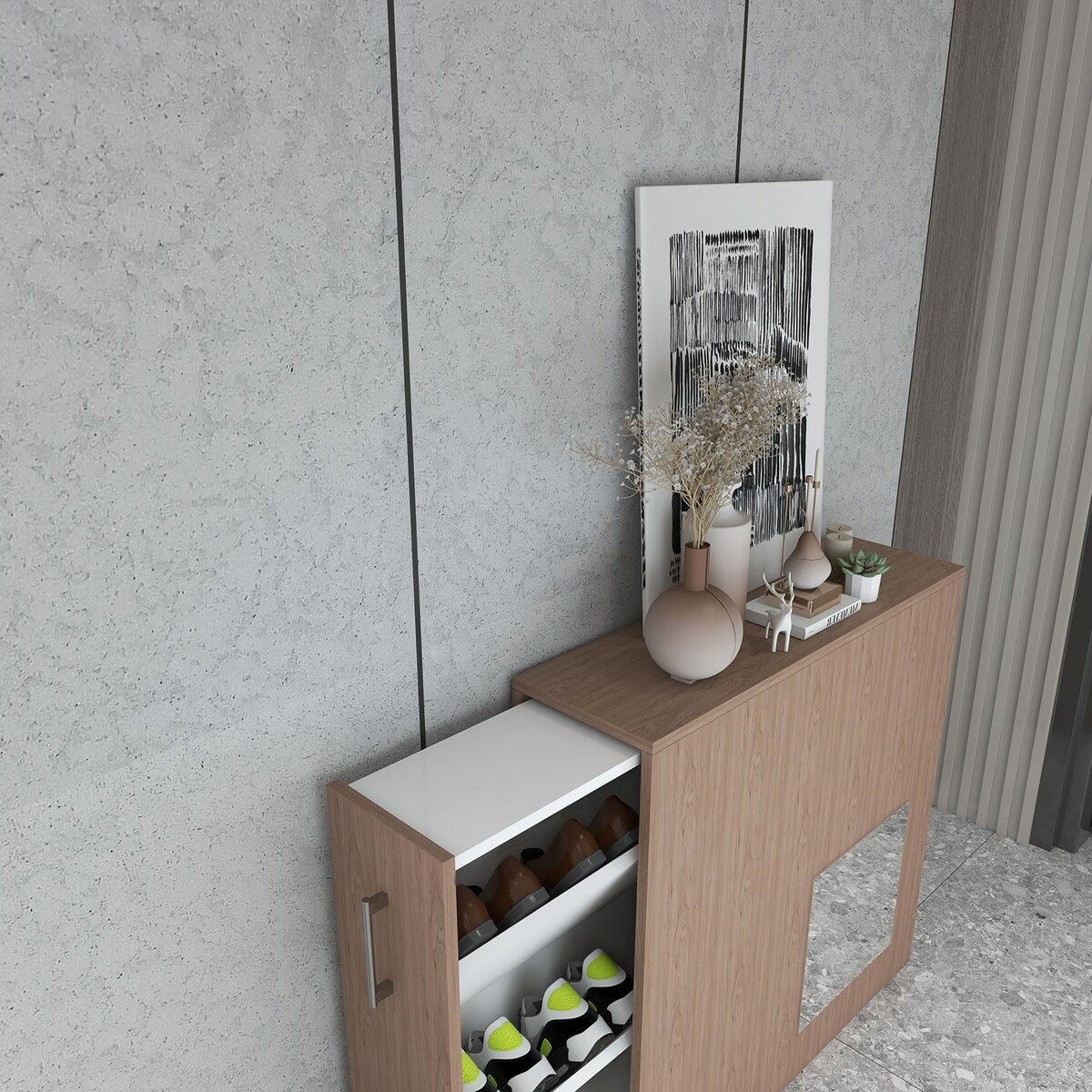 Modern Shoe Cabinet with Hidden Shoe Rack Pull-out Freestanding