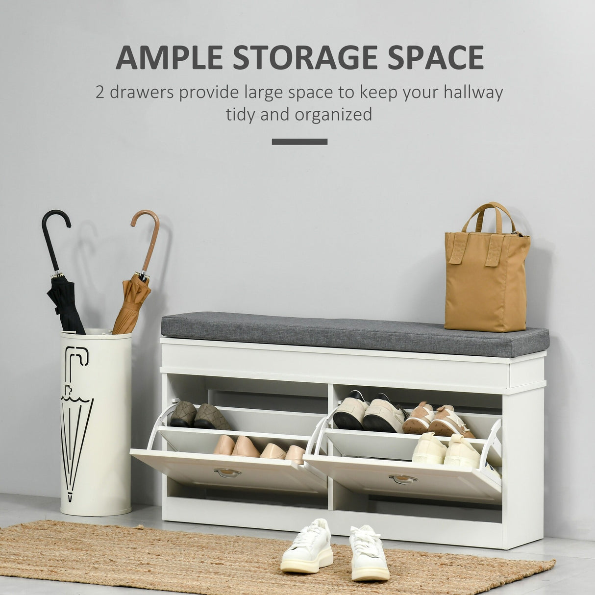 Modern Shoe Rack Bench for Entryway, Storage Organizer with Cushion, 2 Drawers, Adjustable Shelf