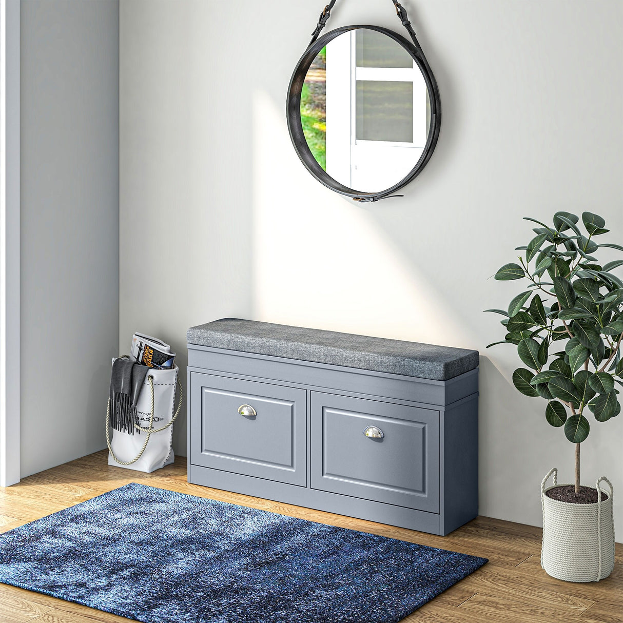 Modern Shoe Rack Bench for Entryway, Storage Organizer with Cushion, 2 Drawers, Adjustable Shelf