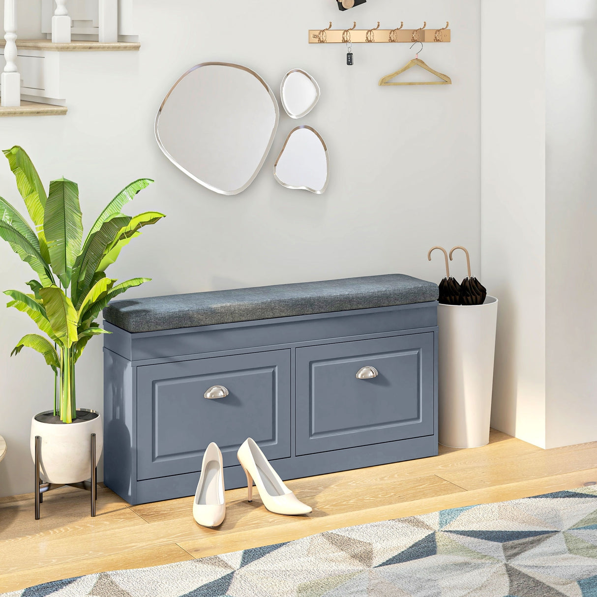 Modern Shoe Rack Bench for Entryway, Storage Organizer with Cushion, 2 Drawers, Adjustable Shelf