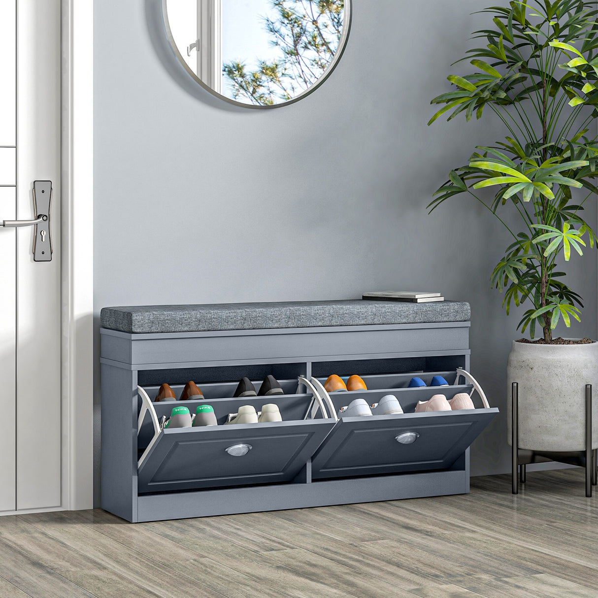 Modern Shoe Rack Bench for Entryway, Storage Organizer with Cushion, 2 Drawers, Adjustable Shelf