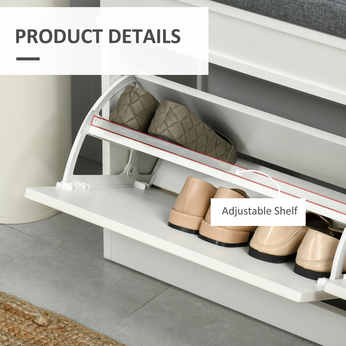 Modern Shoe Rack Bench for Entryway, Storage Organizer with Cushion, 2 Drawers, Adjustable Shelf