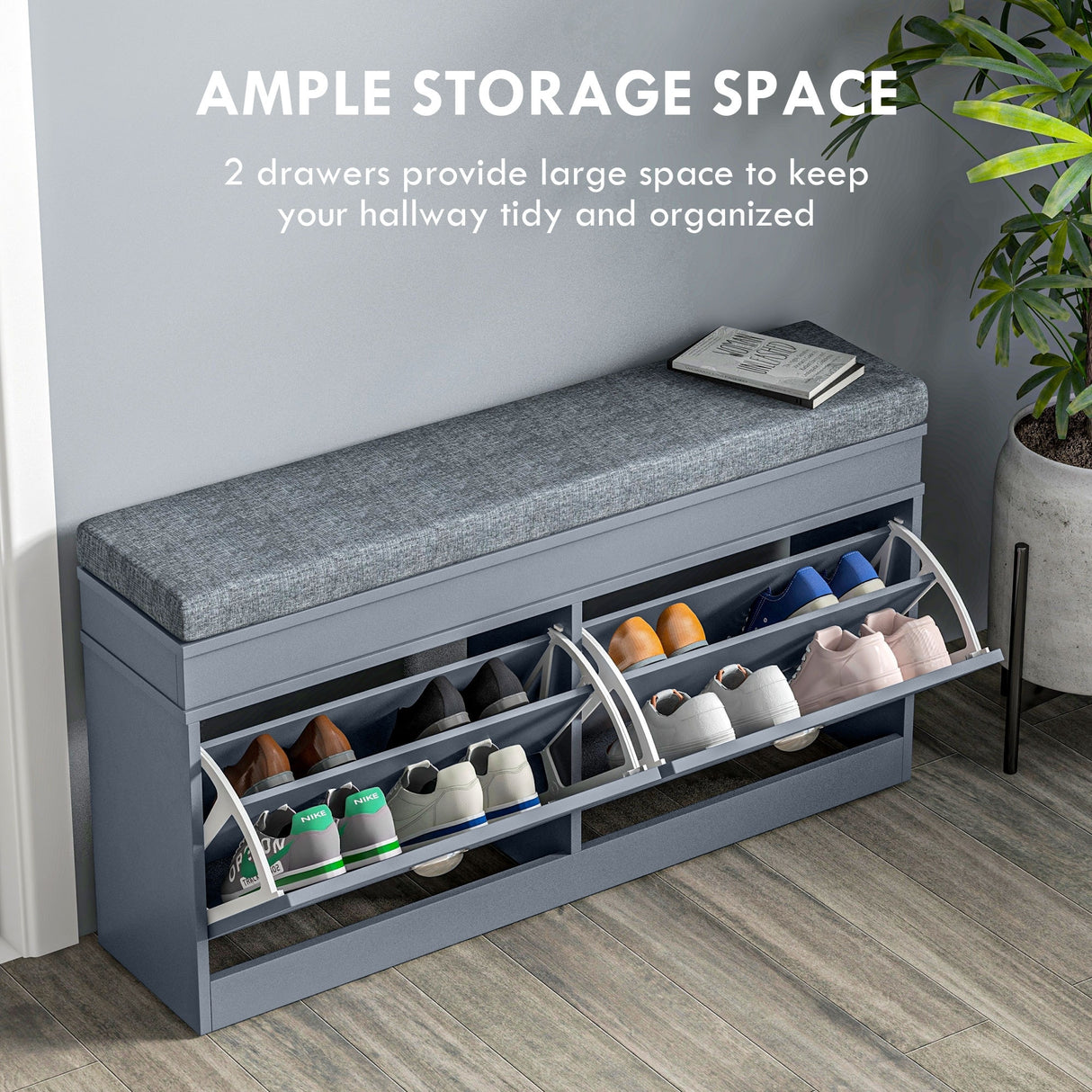 Modern Shoe Rack Bench for Entryway, Storage Organizer with Cushion, 2 Drawers, Adjustable Shelf