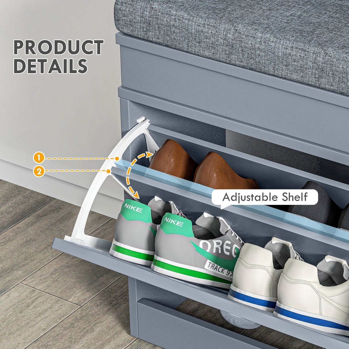 Modern Shoe Rack Bench for Entryway, Storage Organizer with Cushion, 2 Drawers, Adjustable Shelf