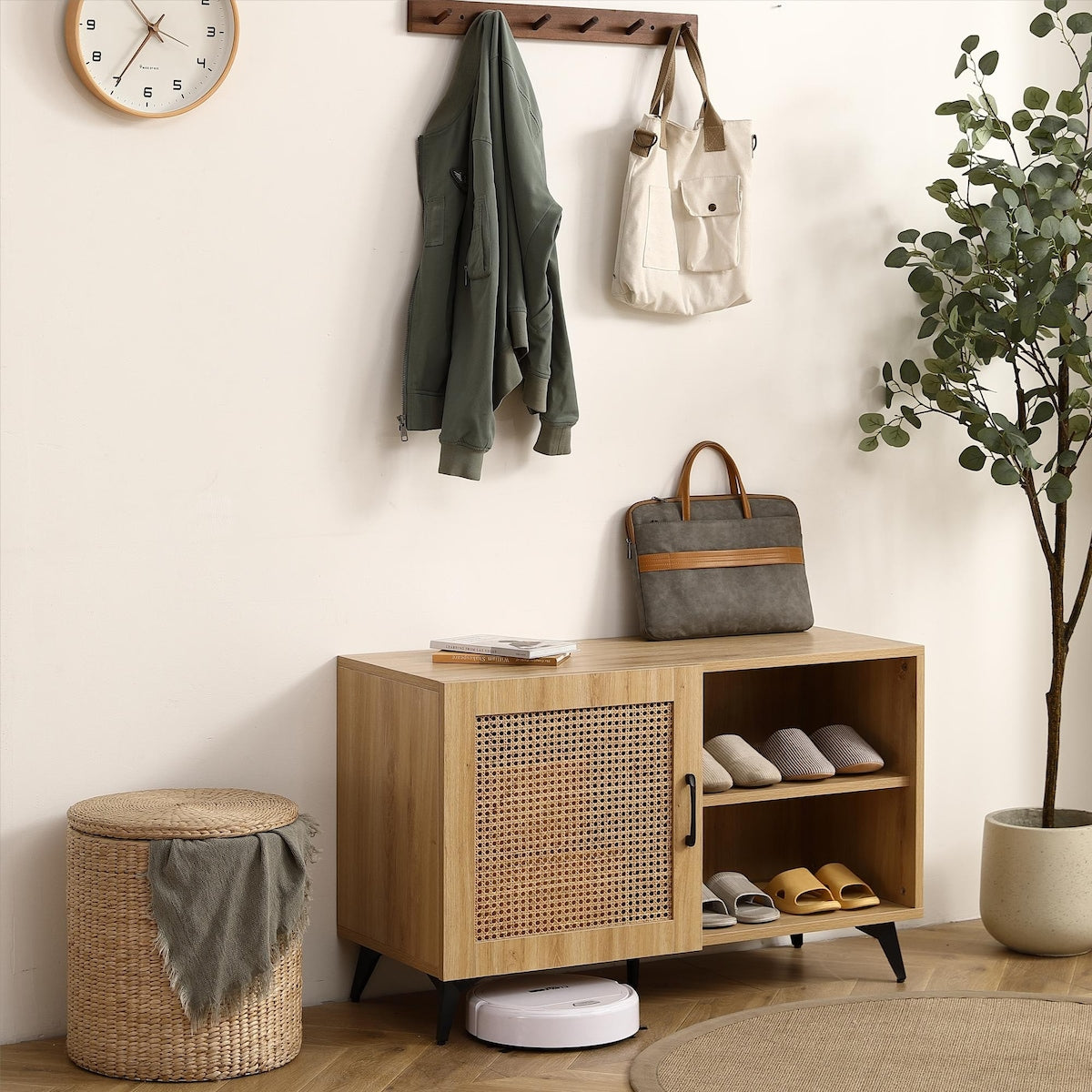 Modern Shoe-Storage Cabinet with Natural Rattan Mesh Door