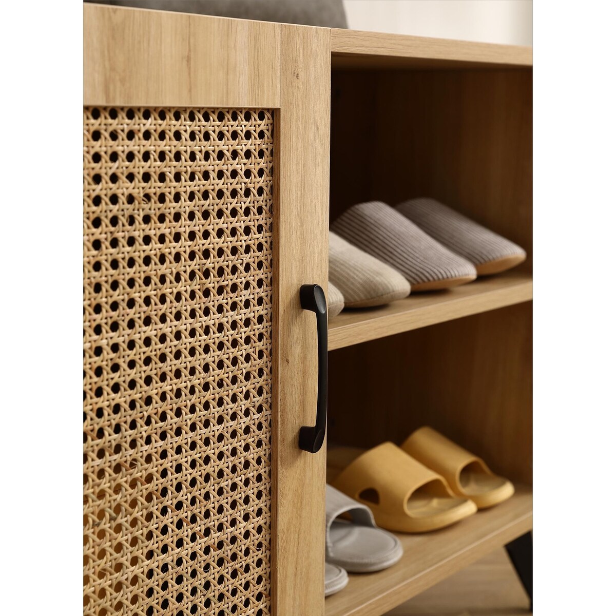 Modern Shoe-Storage Cabinet with Natural Rattan Mesh Door