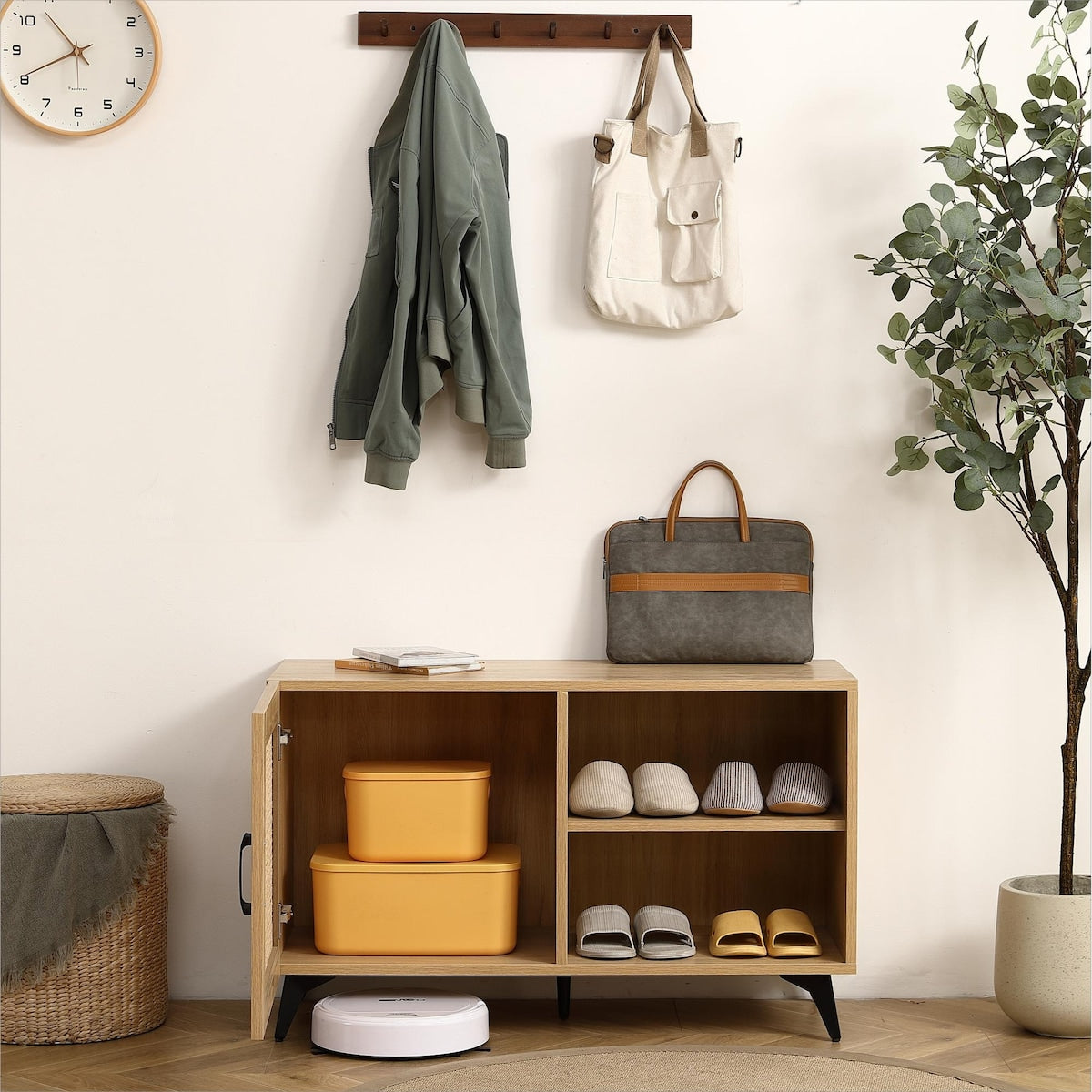 Modern Shoe-Storage Cabinet with Natural Rattan Mesh Door