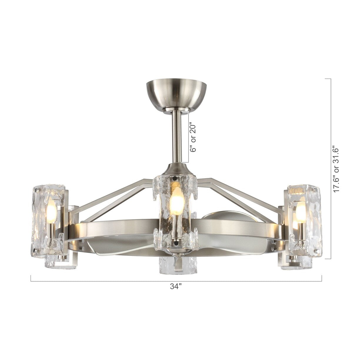 Modern Silver 6-Light 3-Blades Glass Shade Chandelier Ceiling Fan with Light and Remote - 34-in W x 31.6-in H