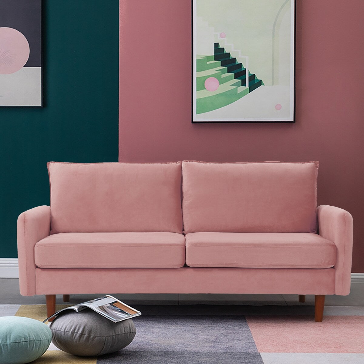 Modern Simple Velvet Sofa Loveseat with Wood Legs