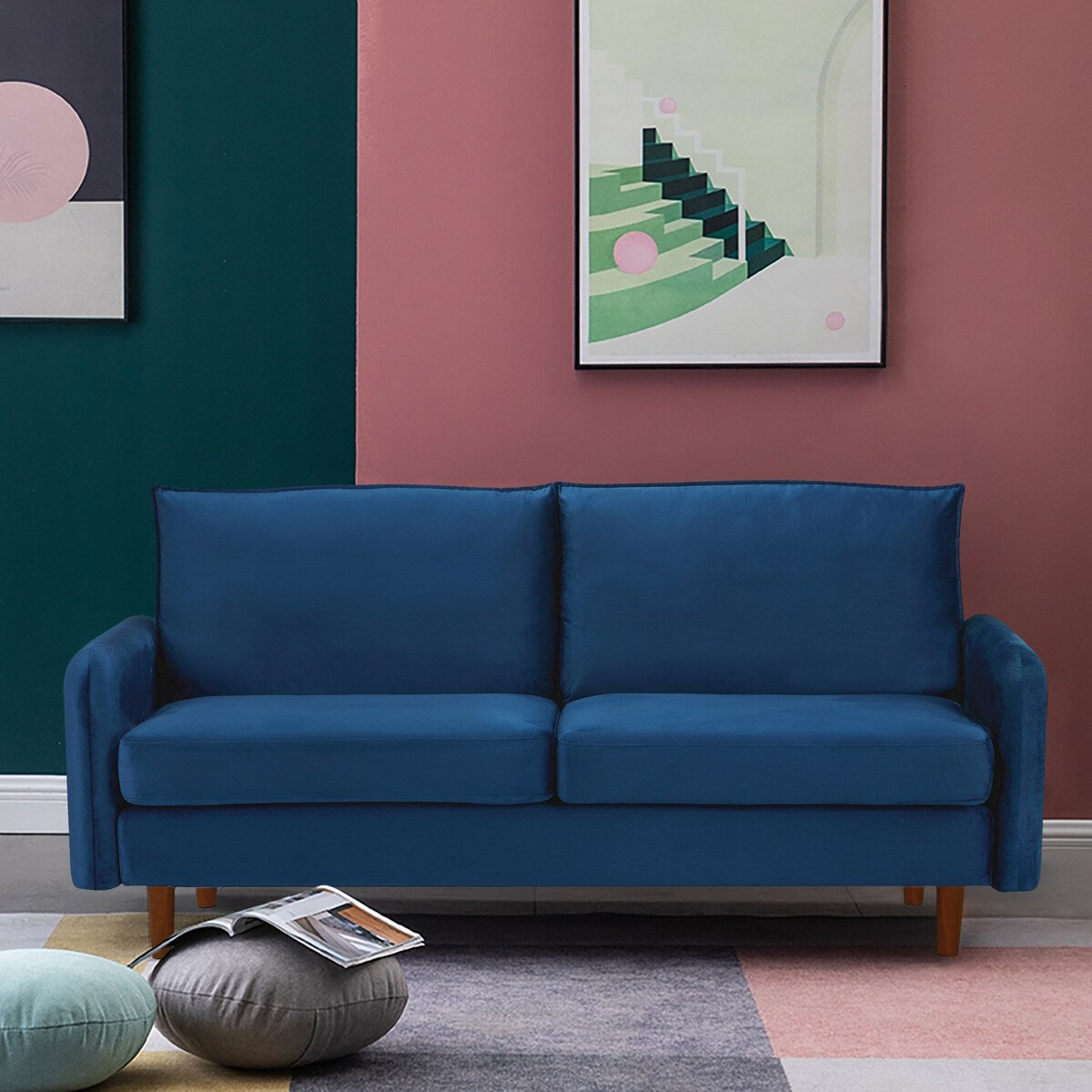 Modern Simple Velvet Sofa Loveseat with Wood Legs