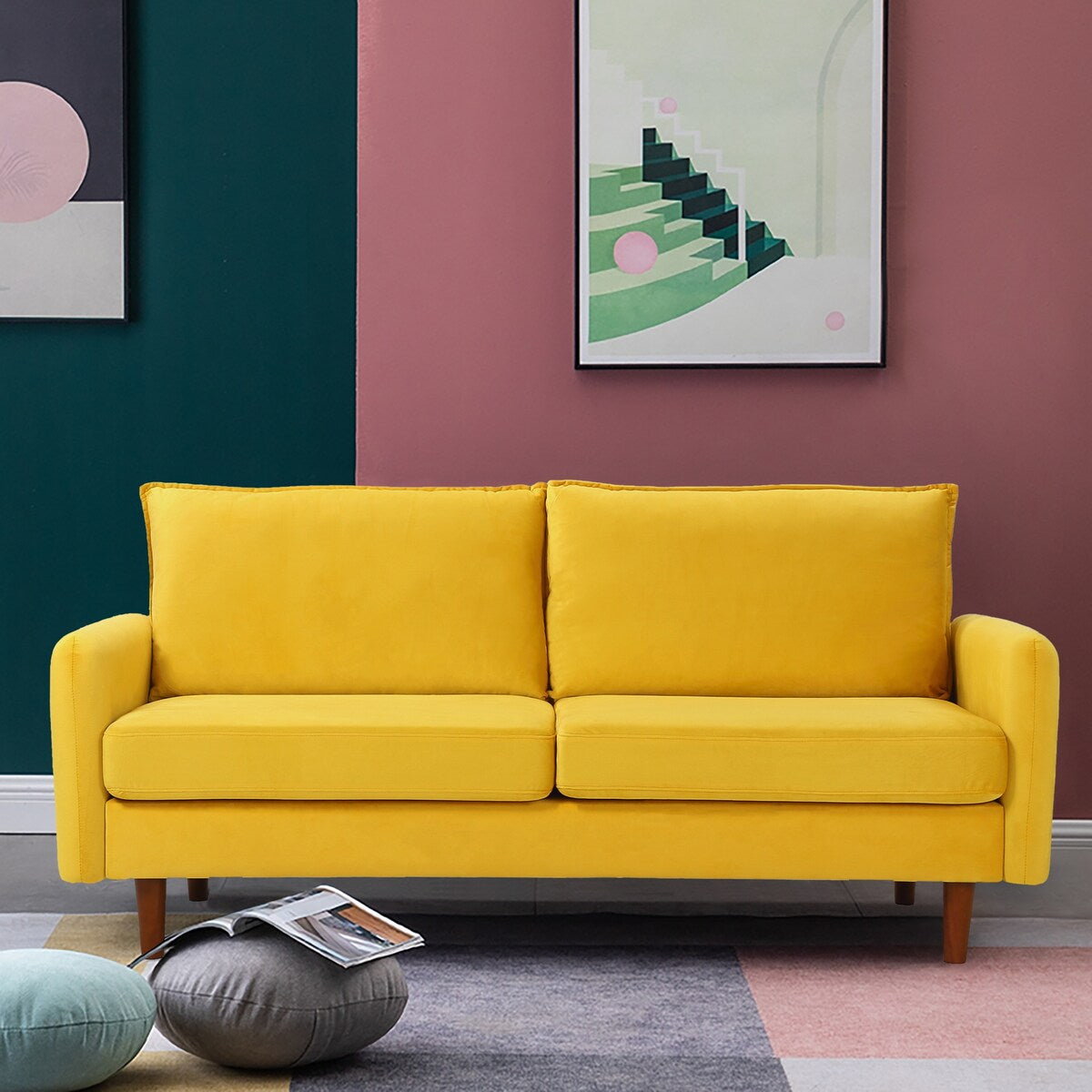 Modern Simple Velvet Sofa Loveseat with Wood Legs