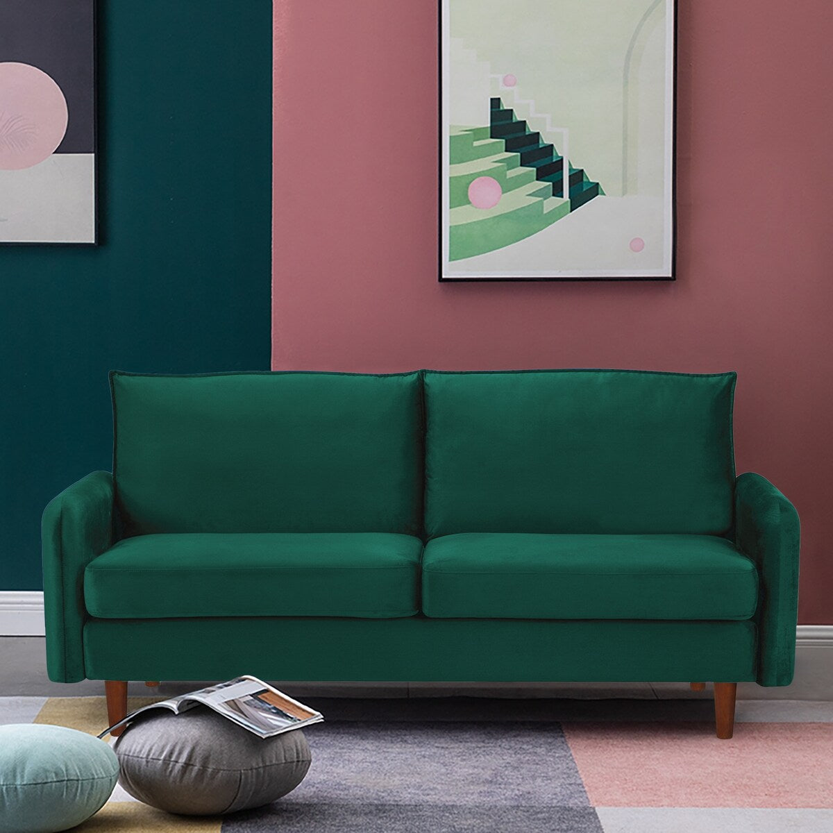 Modern Simple Velvet Sofa Loveseat with Wood Legs