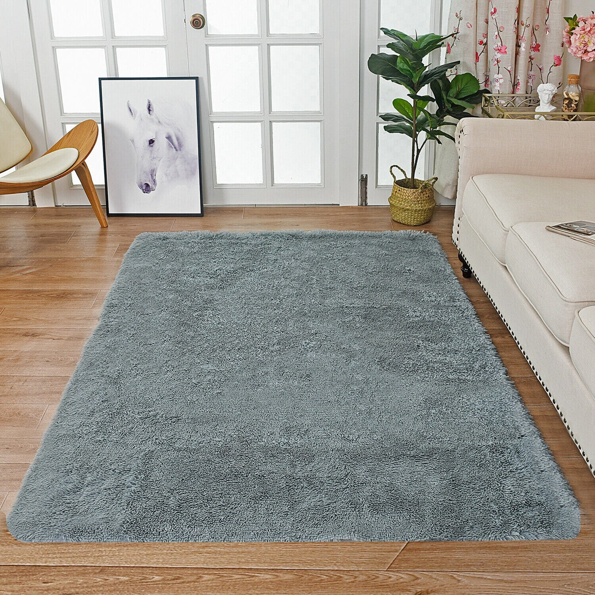 Modern Soft PV Plush Furry Area Rug - Non-Slip Fuzzy Shag - Floor Carpet for Bedroom, Living Room, Nursery - Solid Color