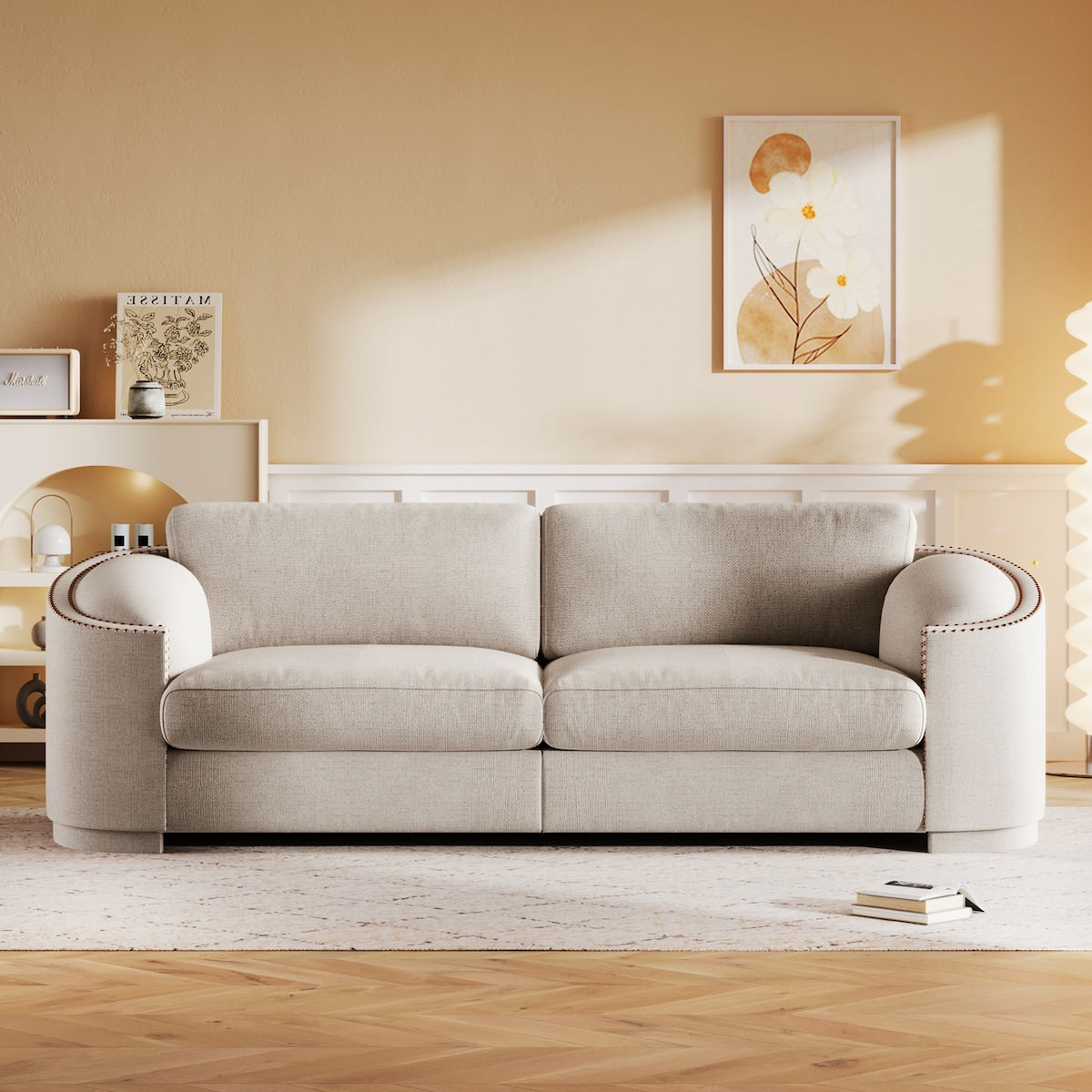 Modern Solid Wood Frame Sofa with Semilunar Arm and Rivet Detailing
