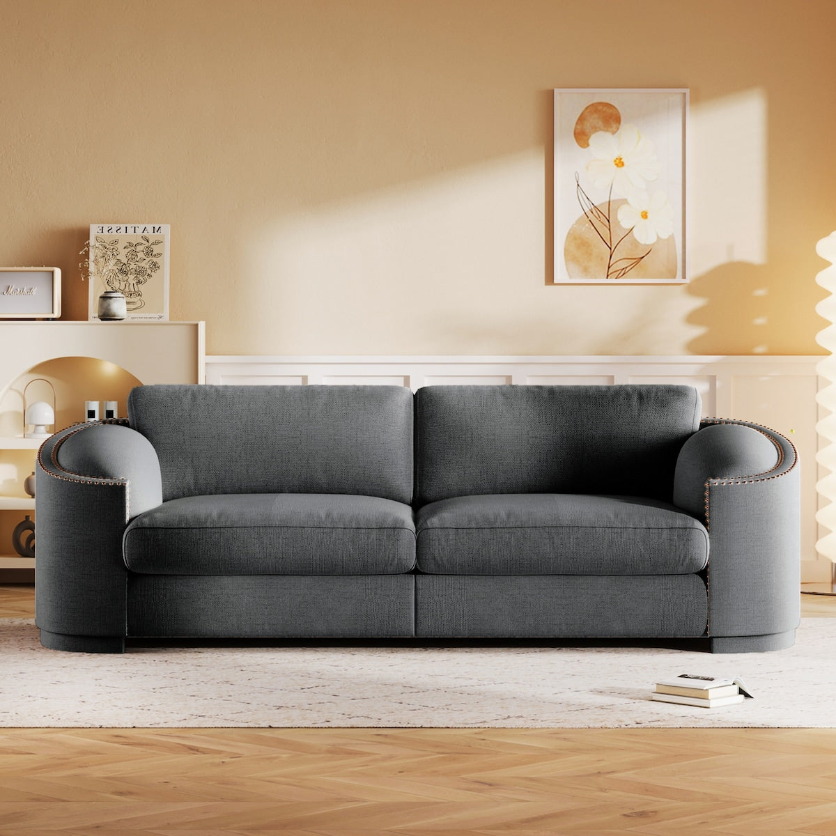 Modern Solid Wood Frame Sofa with Semilunar Arm and Rivet Detailing