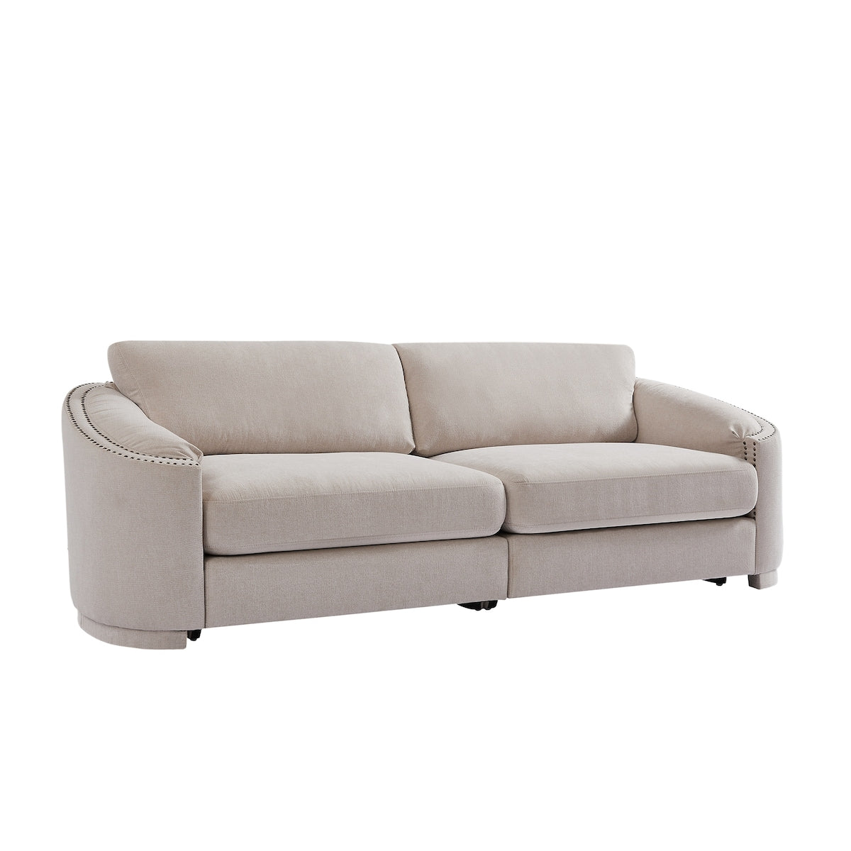 Modern Solid Wood Frame Sofa with Semilunar Arm and Rivet Detailing