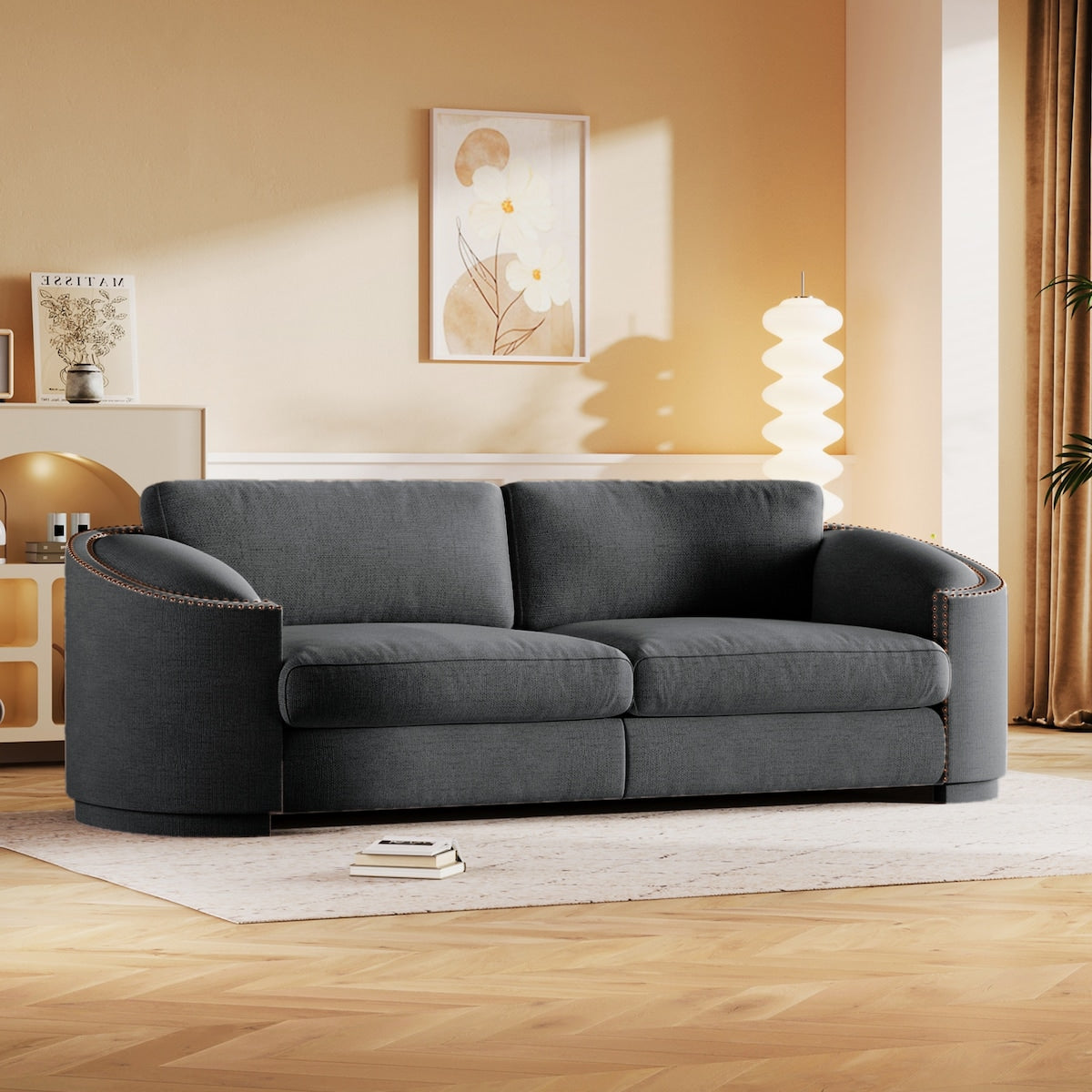 Modern Solid Wood Frame Sofa with Semilunar Arm and Rivet Detailing