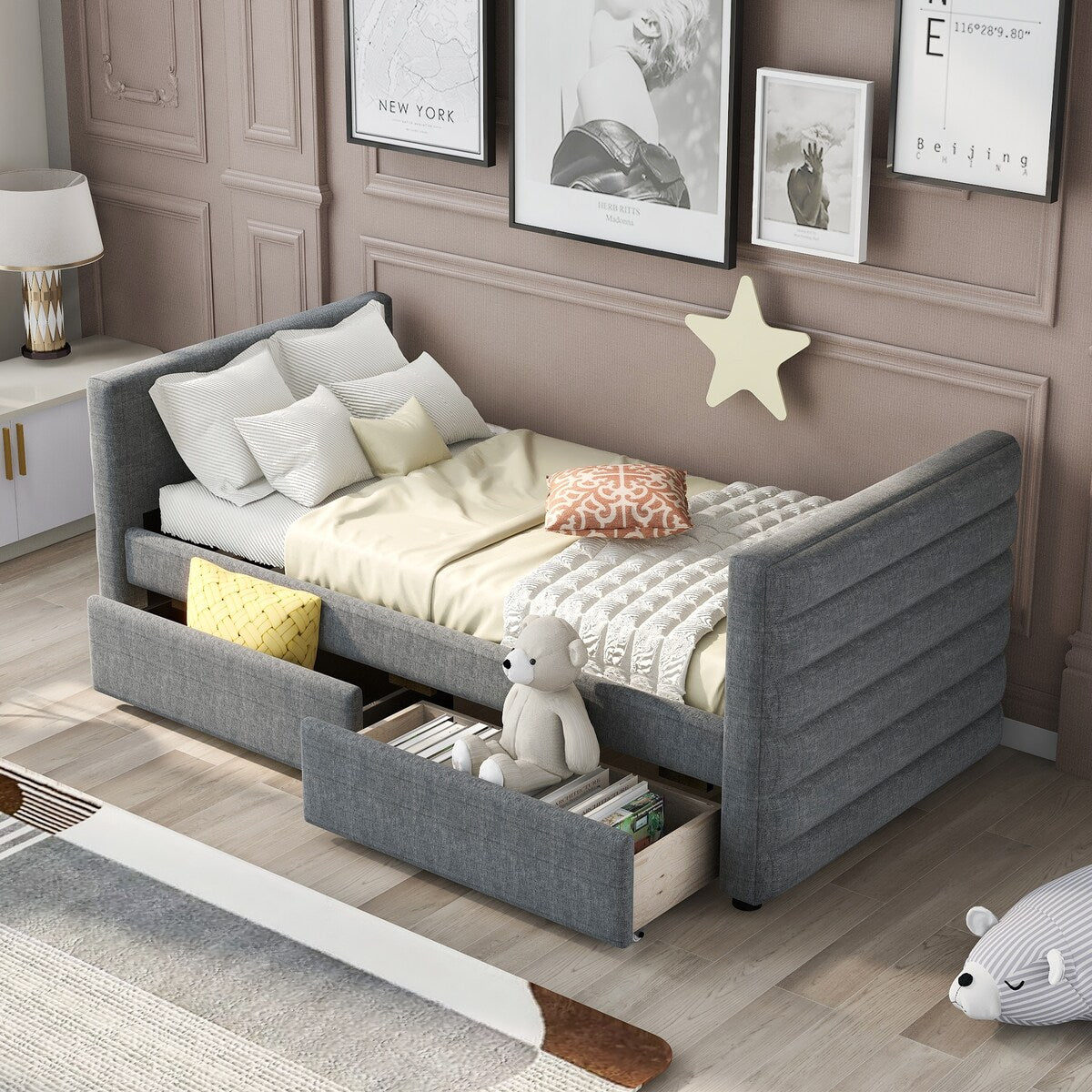 Modern Linen Upholstered Twin Daybed With Two Drawers