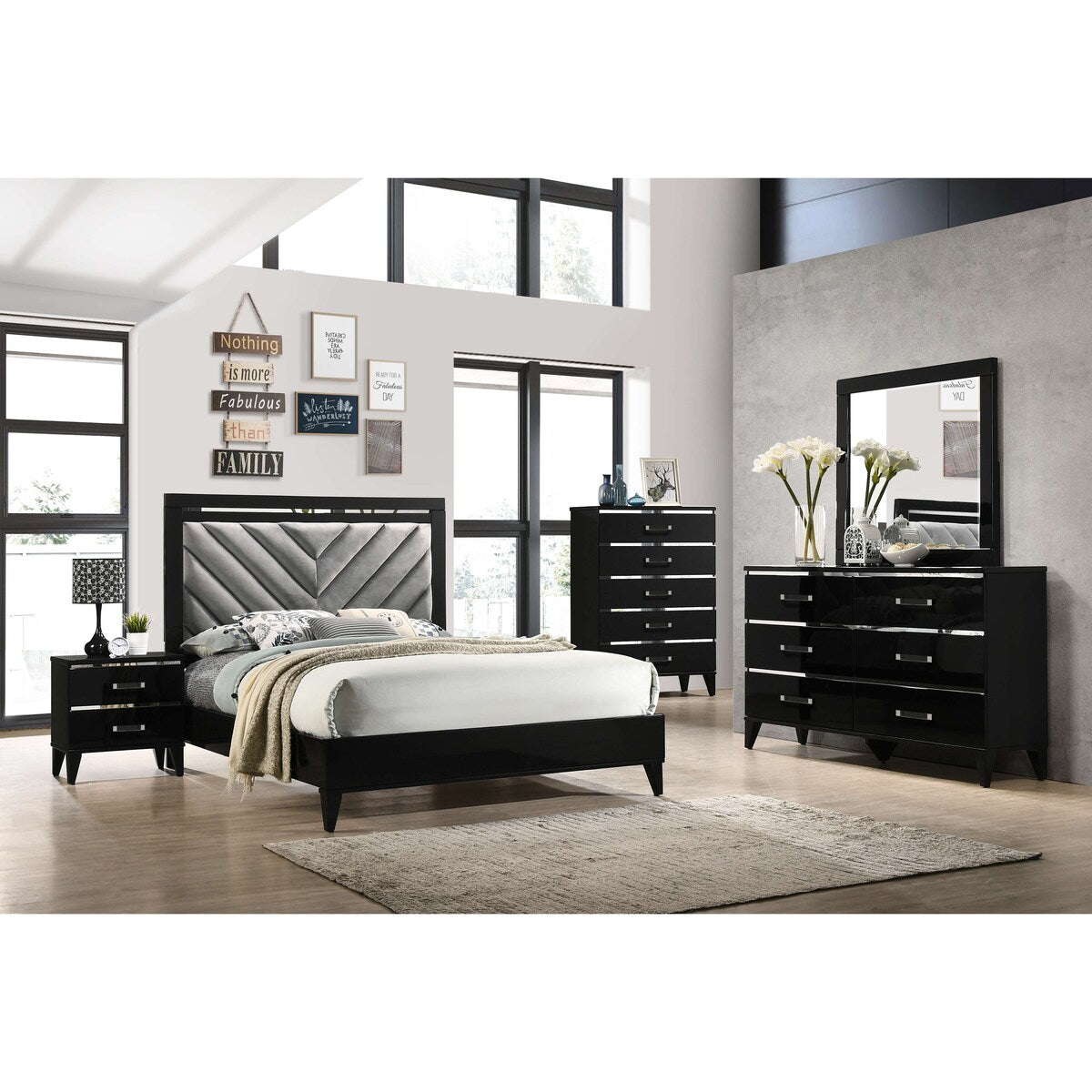 Modern Sophisticated Glossy Black Nightstand with 2 Spacious Drawers