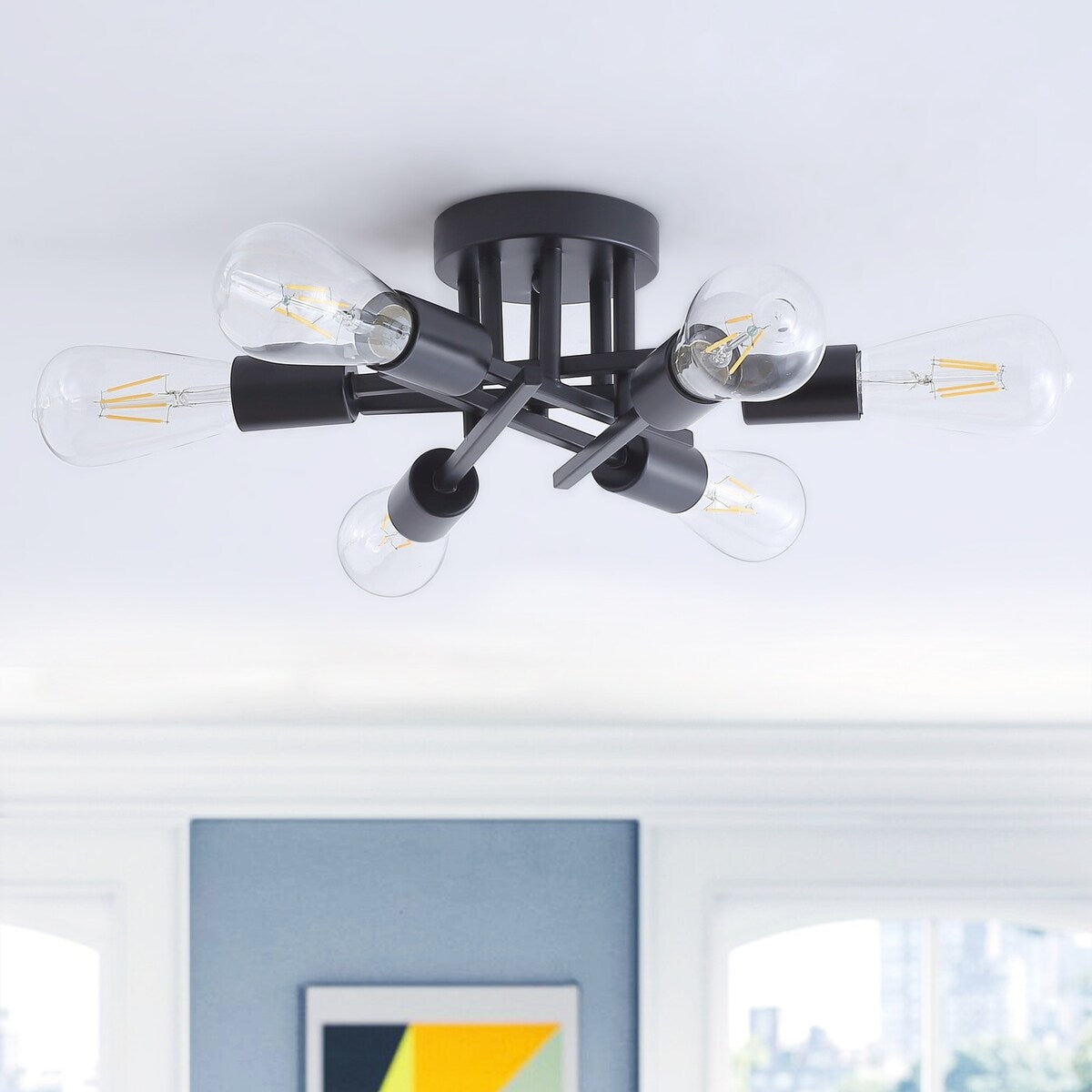 Modern Black 6-Light Unique Sputnik Semi Flush Mount Lighting Fixture
