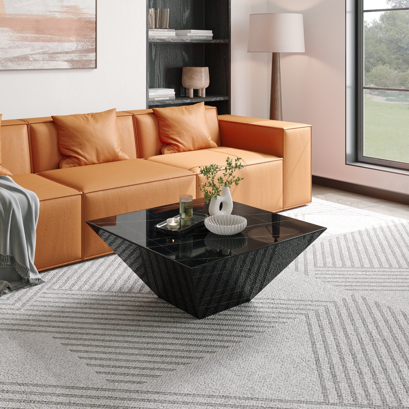 Modern Square Coffee Table, Trapezoid White Sintered Stone