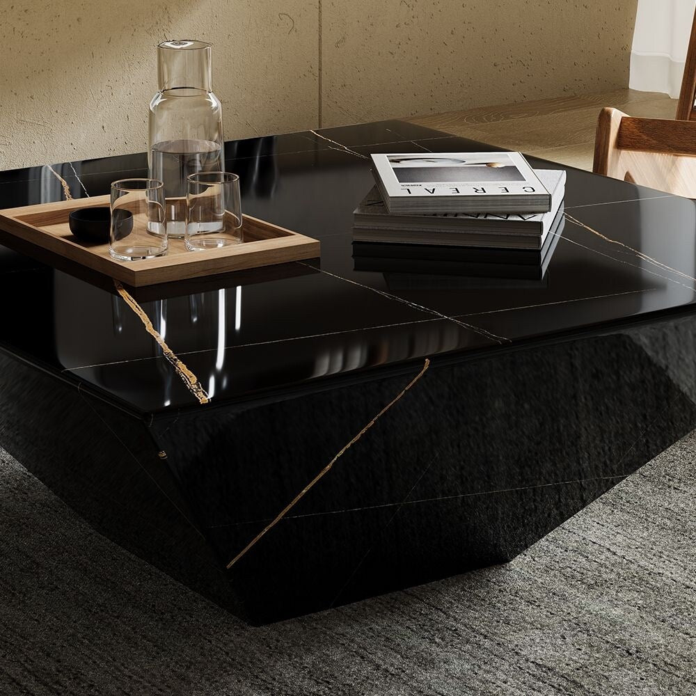Modern Square Coffee Table, Trapezoid White Sintered Stone