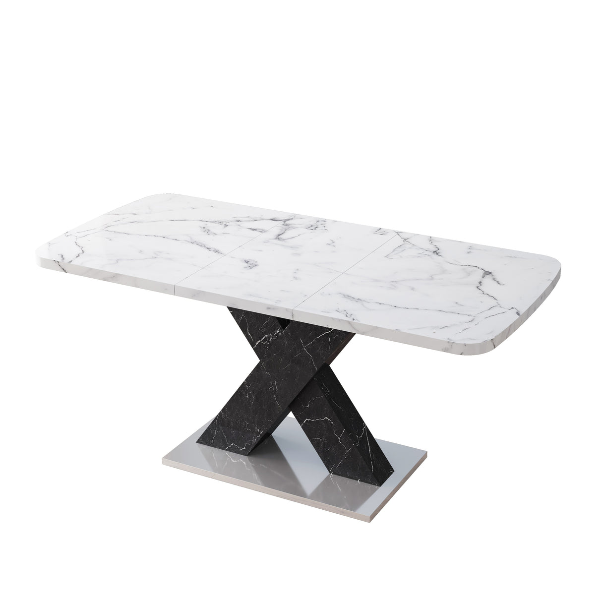 Modern Square Dining Table, Stretchable, White/Black Marble Table Top+MDF X-Shape Table Leg with Metal Base