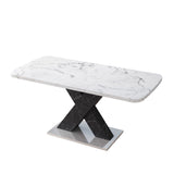 Modern Square Dining Table, Stretchable, White/Black Marble Table Top+MDF X-Shape Table Leg with Metal Base