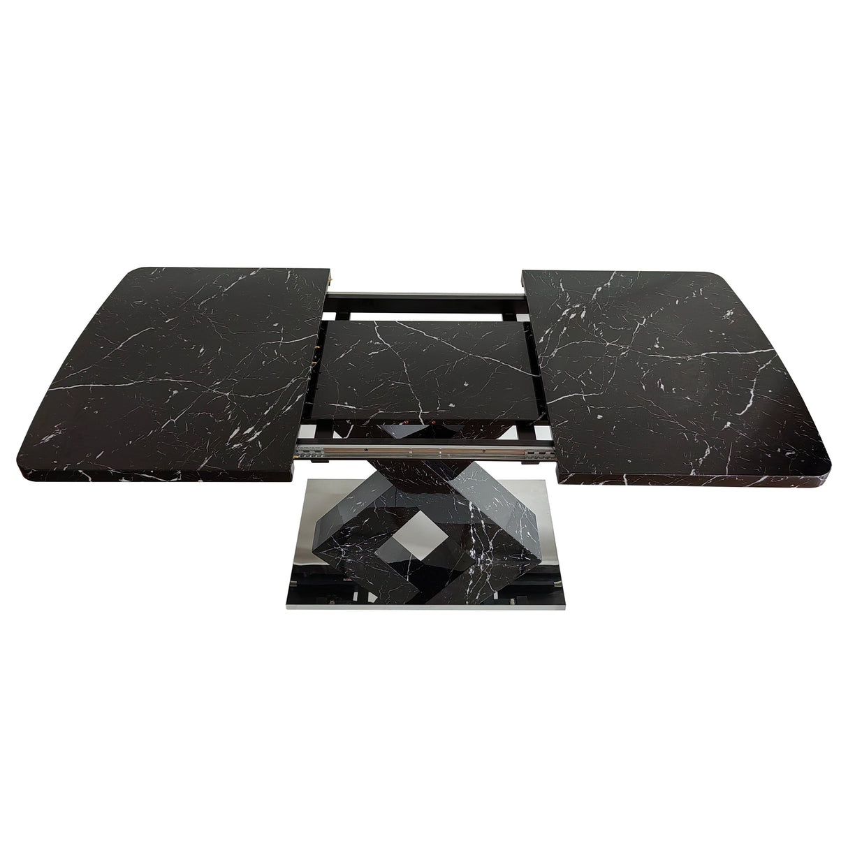 Modern Square Dining Table, Stretchable, White/Black Marble Table Top+MDF X-Shape Table Leg with Metal Base