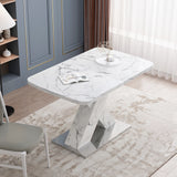 Modern Square Dining Table, Stretchable, White/Black Marble Table Top+MDF X-Shape Table Leg with Metal Base