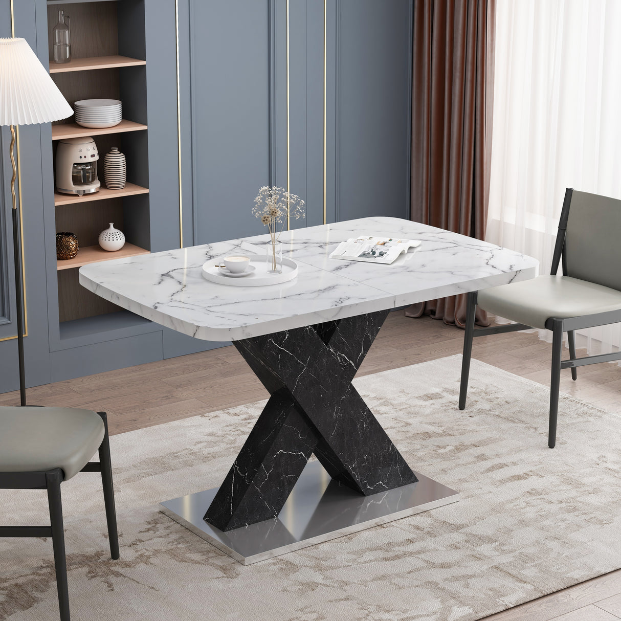 Modern Square Dining Table, Stretchable, White/Black Marble Table Top+MDF X-Shape Table Leg with Metal Base
