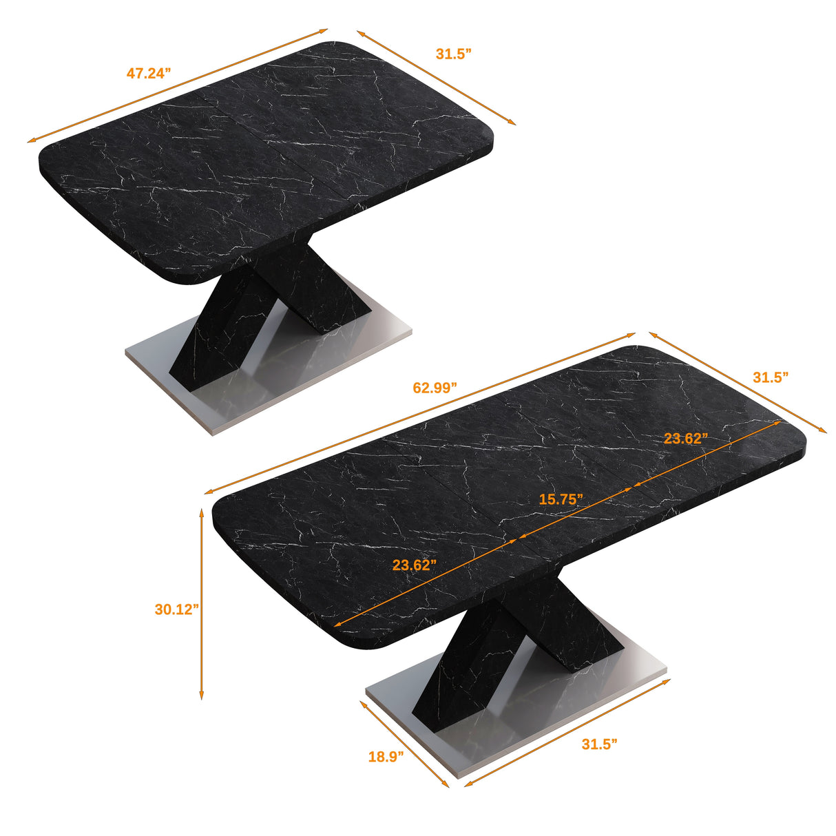 Modern Square Dining Table, Stretchable, White/Black Marble Table Top+MDF X-Shape Table Leg with Metal Base