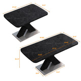 Modern Square Dining Table, Stretchable, White/Black Marble Table Top+MDF X-Shape Table Leg with Metal Base