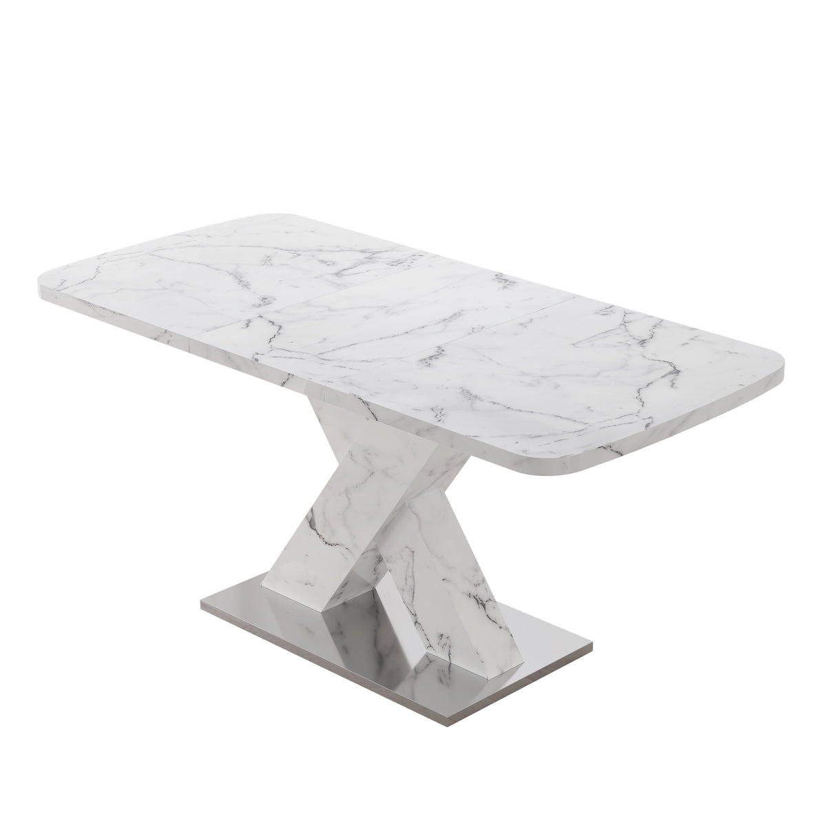 Modern Square Dining Table, Stretchable, White/Black Marble Table Top+MDF X-Shape Table Leg with Metal Base