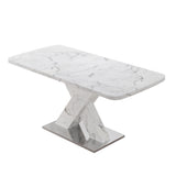 Modern Square Dining Table, Stretchable, White/Black Marble Table Top+MDF X-Shape Table Leg with Metal Base
