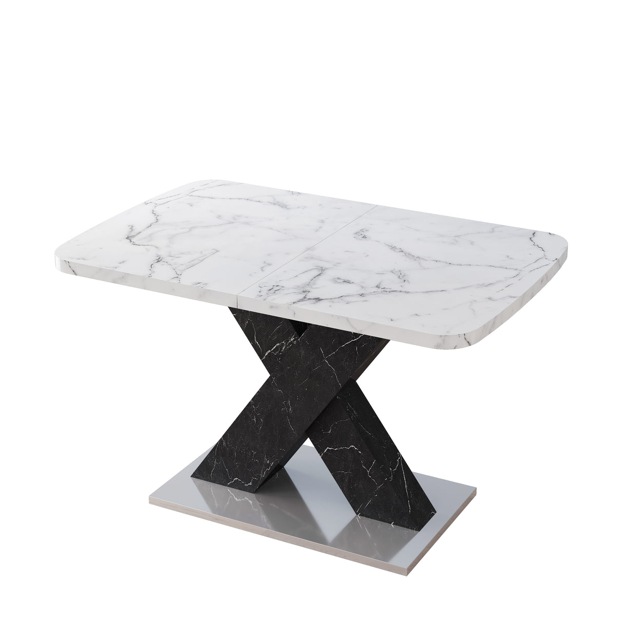 Modern Square Dining Table, Stretchable, White/Black Marble Table Top+MDF X-Shape Table Leg with Metal Base