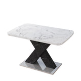 Modern Square Dining Table, Stretchable, White/Black Marble Table Top+MDF X-Shape Table Leg with Metal Base
