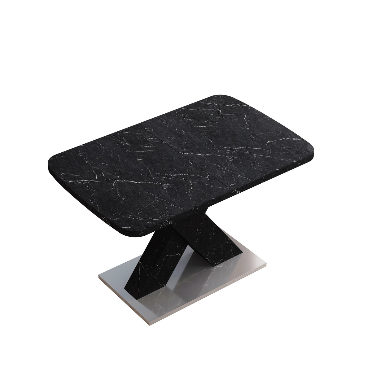 Modern Square Dining Table, Stretchable, White/Black Marble Table Top+MDF X-Shape Table Leg with Metal Base