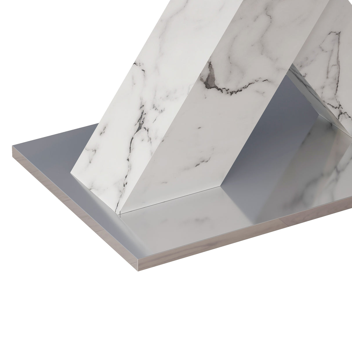 Modern Square Dining Table, Stretchable, White/Black Marble Table Top+MDF X-Shape Table Leg with Metal Base