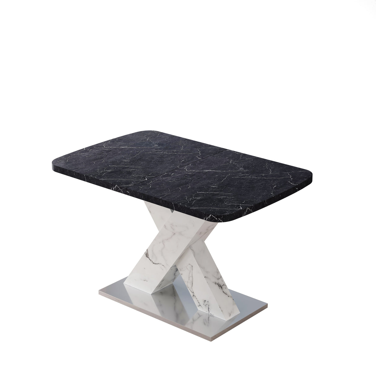 Modern Square Dining Table, Stretchable, White/Black Marble Table Top+MDF X-Shape Table Leg with Metal Base