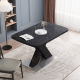 Modern Square Dining Table, Stretchable, White/Black Marble Table Top+MDF X-Shape Table Leg with Metal Base