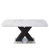 Modern Square Dining Table, Stretchable, White/Black Marble Table Top+MDF X-Shape Table Leg with Metal Base
