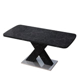 Modern Square Dining Table, Stretchable, White/Black Marble Table Top+MDF X-Shape Table Leg with Metal Base