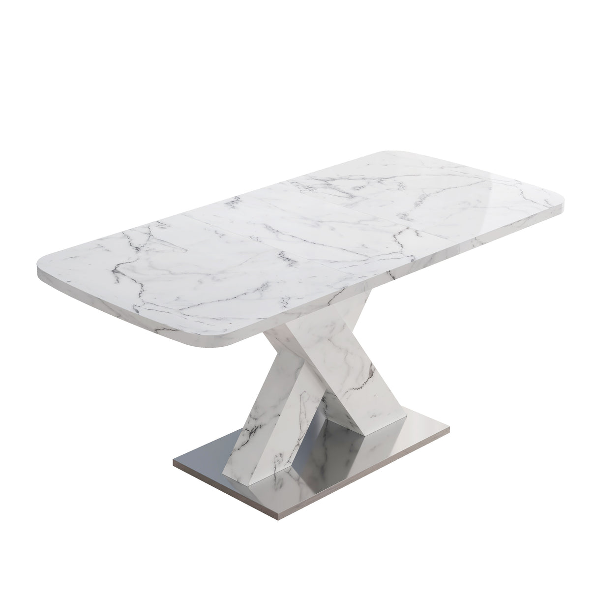 Modern Square Dining Table, Stretchable, White/Black Marble Table Top+MDF X-Shape Table Leg with Metal Base