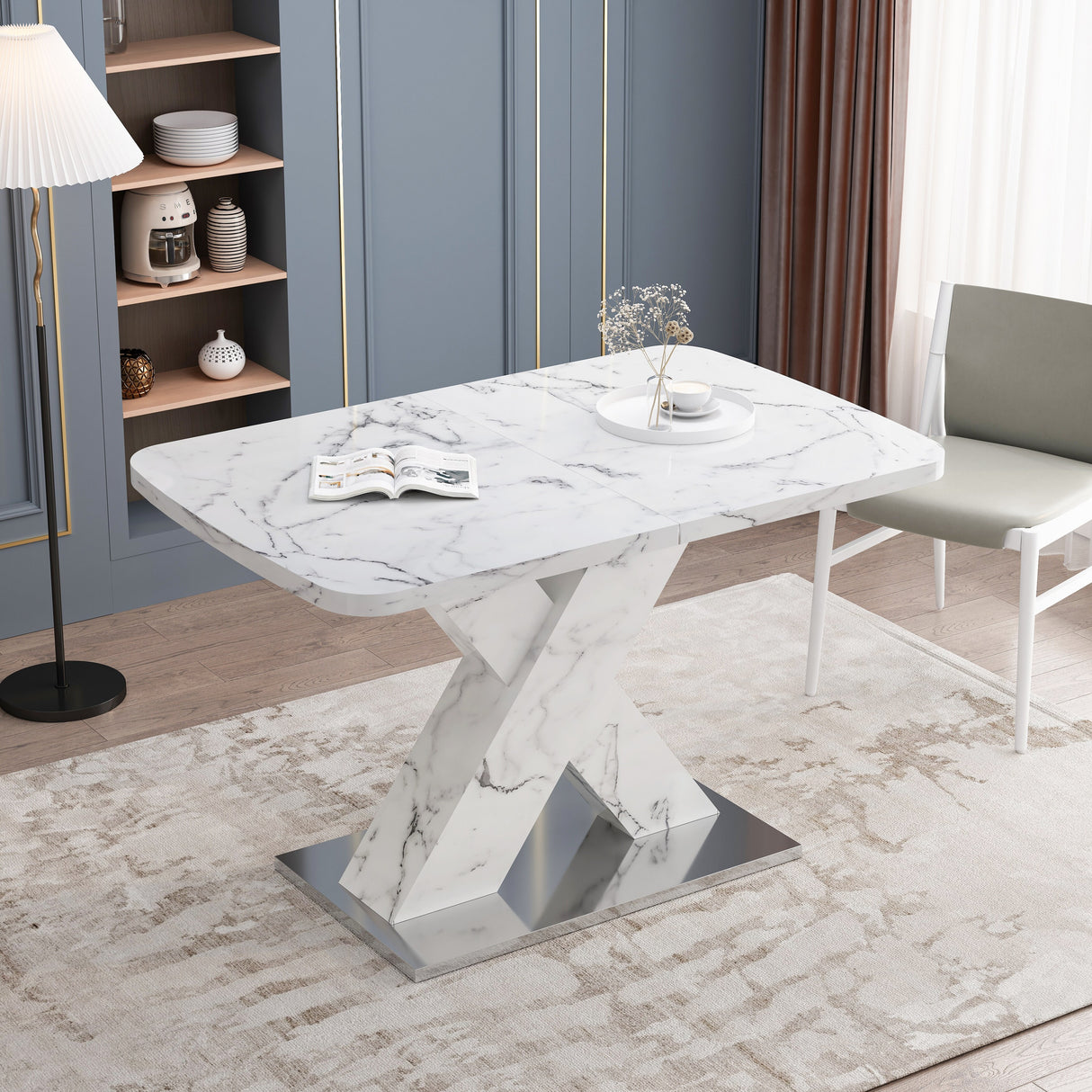 Modern Square Dining Table, Stretchable, White/Black Marble Table Top+MDF X-Shape Table Leg with Metal Base