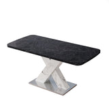 Modern Square Dining Table, Stretchable, White/Black Marble Table Top+MDF X-Shape Table Leg with Metal Base