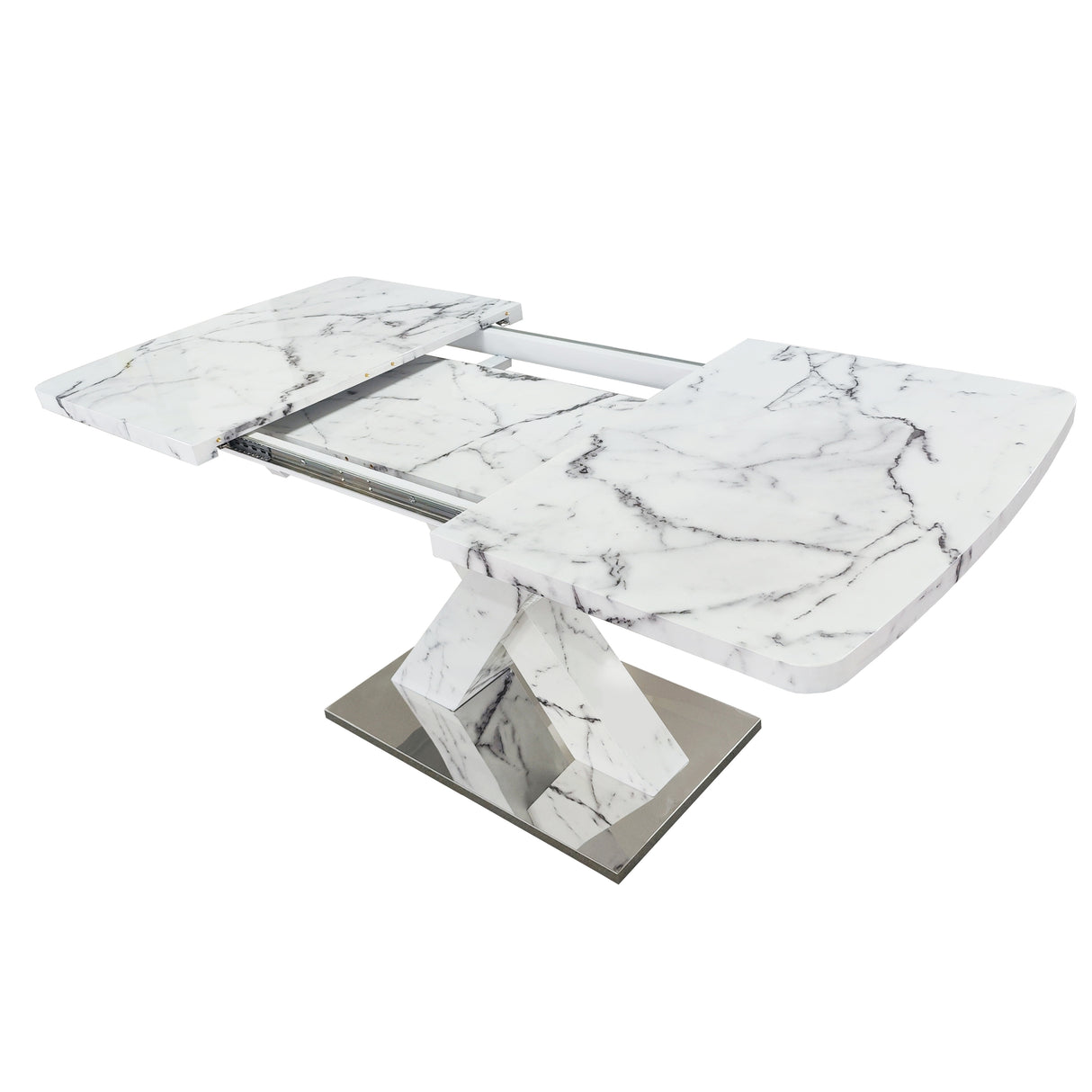 Modern Square Dining Table, Stretchable, White/Black Marble Table Top+MDF X-Shape Table Leg with Metal Base