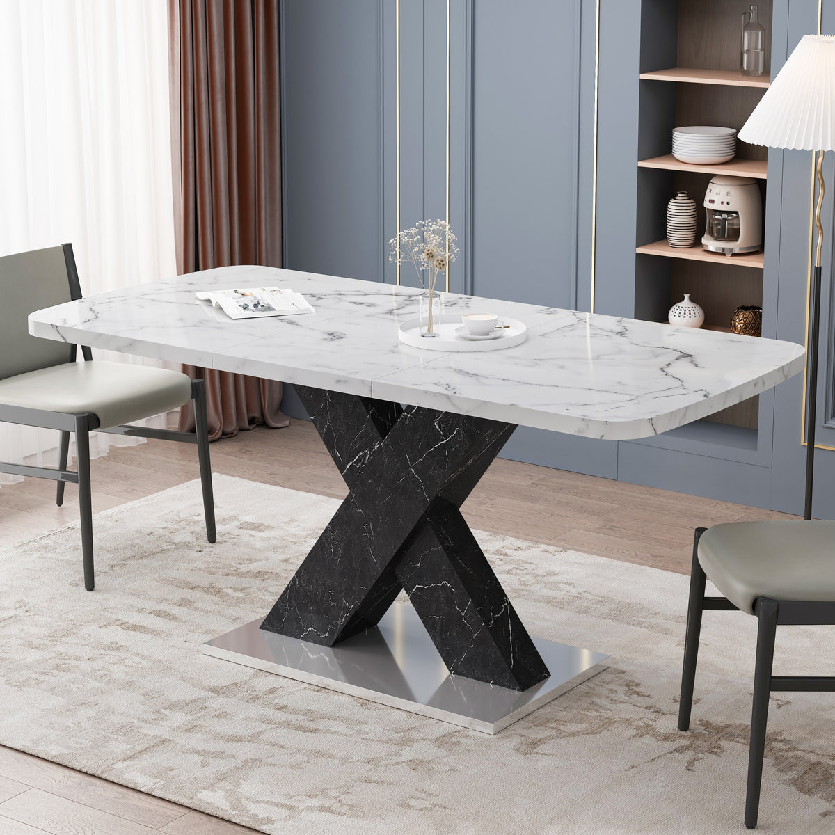 Modern Square Dining Table, Stretchable, White/Black Marble Table Top+