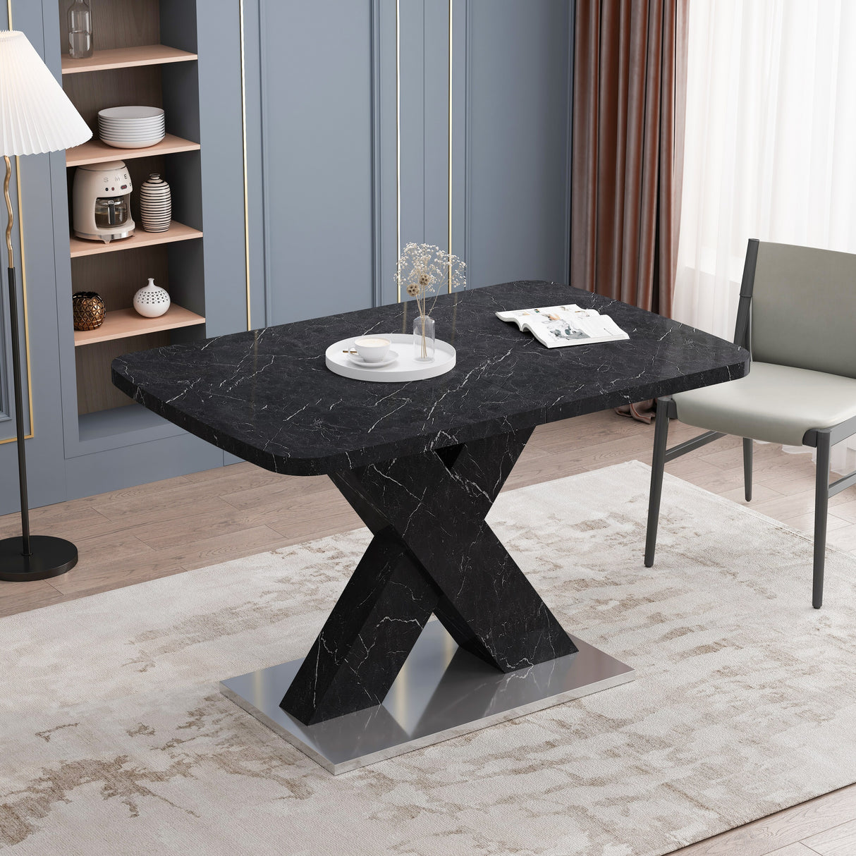 Modern Square Dining Table, Stretchable, White/Black Marble Table Top+MDF X-Shape Table Leg with Metal Base