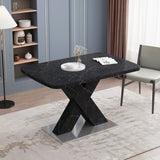 Modern Square Dining Table, Stretchable, White/Black Marble Table Top+MDF X-Shape Table Leg with Metal Base